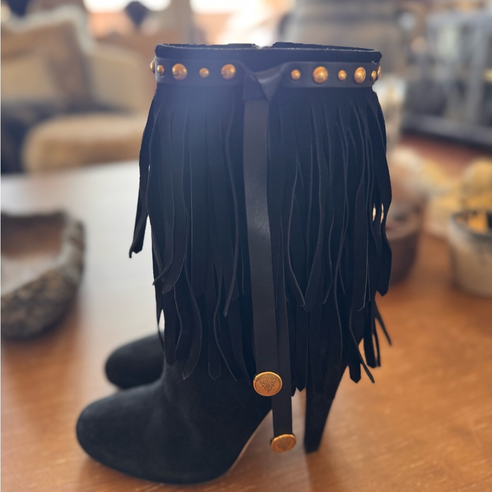 Gucci Black Fringe Heeled Boots with Gold Accents - Picture 2 of 6